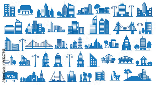 City Skyline Landmarks and Urban Icons in Blue Silhouette