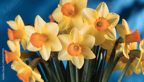 Vibrant bouquet of yellow daffodils with bright orange centers on blue background, detailed petals and stems, fresh spring bouquet style, copy space
