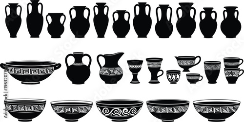 Black and white silhouette icon collection of ancient Greek pottery including amphorae, vases, bowls, and cups decorated with traditional meander Greek key and wave patterns.