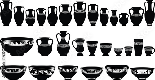 Black and white silhouette icon collection of ancient Greek and Roman pottery including amphorae, vases, and decorative bowls with traditional meander key patterns.