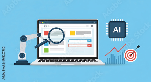 A robotic arm examines data on a laptop screen with AI and target graphics nearby