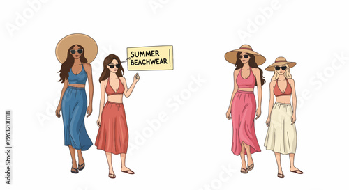 Women in summer fashion clothing standing in different poses