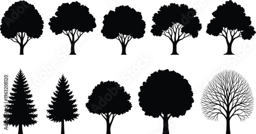 Black and white silhouette icon collection of various tree species including deciduous oaks, coniferous pines, and a bare winter tree for landscape and nature design.