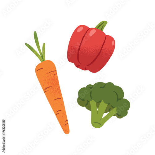 Illustration of a set of vegetables with carrots, bell peppers and broccoli