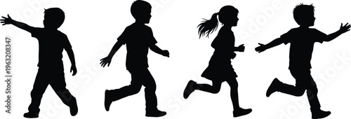 Black and white silhouette illustration of a group of active children running, jumping, and playing together, representing childhood freedom, school recess, and outdoor physical activity.