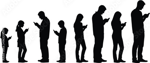 Black and white silhouette illustration of a group of children and adults standing in line while using their smartphones, representing digital addiction, social media trends, and modern communication.