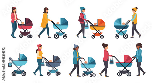 Diverse mothers walking with various baby strollers in different colors