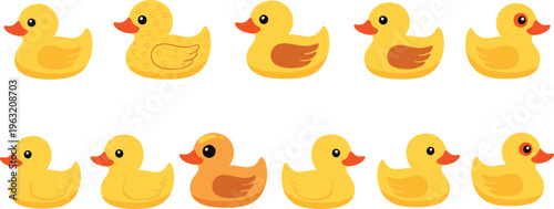 Cute Rubber Duck Collection Vector Set Featuring Yellow Cartoon Bath Ducks in Different Styles for Kids, Toy Design, Baby Products, and Nursery Projects