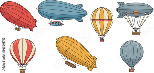 Vintage airships and hot air balloons set featuring colorful dirigibles and flying balloons illustrating retro aviation travel adventure transport design