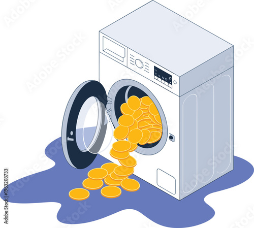 Washing machine overflowing with gold coins symbolizing unexpected expenses financial loss repair costs and household appliance breakdown concept illustration