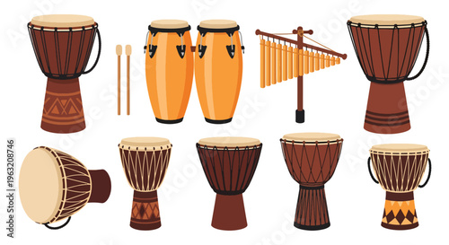 Collection of various traditional African drums and percussion instruments