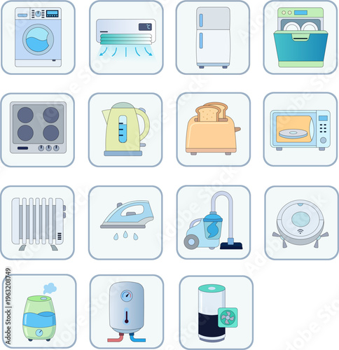 Smart home electronics vector icons set. Washing machine refrigerator air conditioner toaster humidifier boiler robot vacuum on light squares