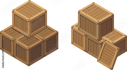 Wooden crates stack isometric illustration, cargo boxes for storage and shipping, logistics packaging concept, warehouse goods transportation design element
