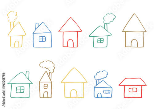 窓や煙突がある家のゆるいカラフルな線画の手描きイラストセット