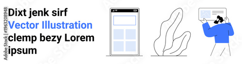 Technology design, app creation, online education, modern communication, creative projects, branding. Minimalist interface, abstract plant and person presenting. App creation and online education