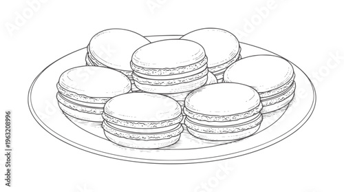 Black and white of seven macarons a plate french cookie dessert sweet