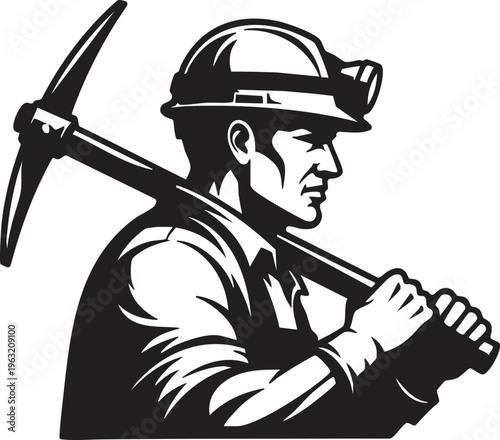 Strong Coal Miner Silhouette with Pickaxe and Hard Hat