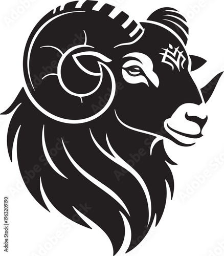 Stylized Black and White Ram Head with Large Curved Horns