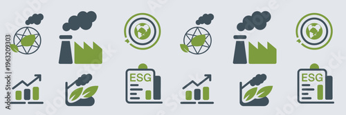 Carbon capture technology and ESG compliance icon set – Perfect for ESG reporting, climate change articles, or eco-friendly business media.