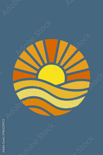 Logo agencia de viajes. Vacaciones de verano. Dibujo sencillo con líneas de un sol con olas de mar formando un círculo 