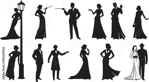 Elegant Men and Women in Formal Evening Wear Silhouettes