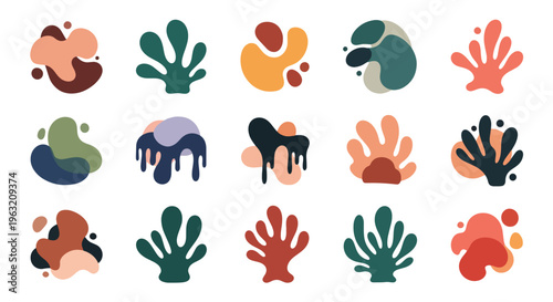 Collection of colorful abstract organic shapes and hand symbols