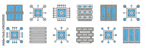 Quantum gate and cooling unit technology icons – Suitable for technical documentation, physics research, or hardware design.