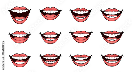 Smiling mouths with white teeth and lips.