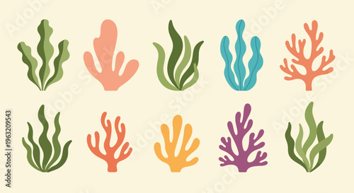 Colorful coral reef elements on beige background for marine designs