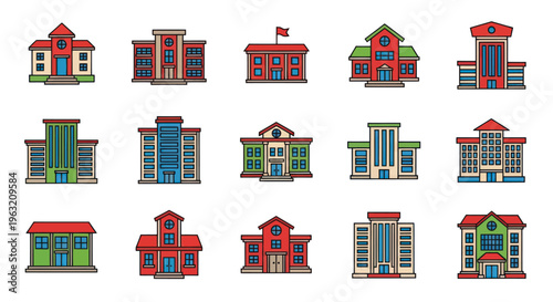 Fotografie Colorful cartoon school building icons set.
