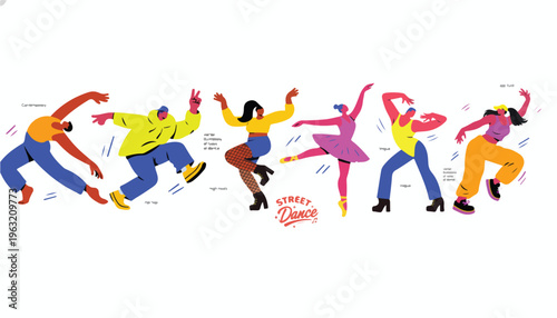 Modern street dance vector illustration, diverse group of people dancing hip hop and ballet, vibrant flat character design for urban culture