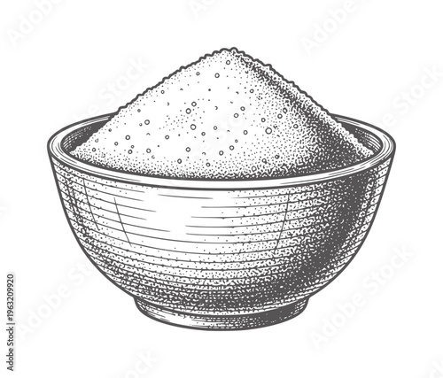 Hand drawn of a bowl filled with granular white sugar ingredient