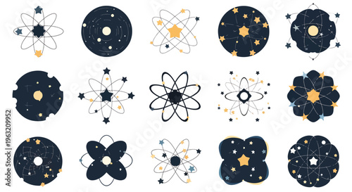 Collection of various atomic structures and particles in dark blue and gold