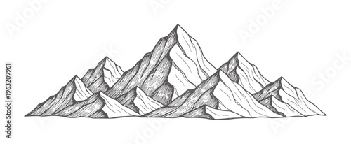 Hand drawn of a mountain range with sharp peaks and textured slopes handdrawn