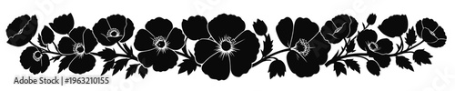 Botanical Flower Border Silhouette with Leaves and Petals Design. Decorative Floral Vine Border with Blooming Flowers Illustration. Elegant Floral Ornament Border Black Nature Pattern Illustration.