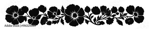 black floral border silhouette with blooming flowers leaves and decorative vine pattern