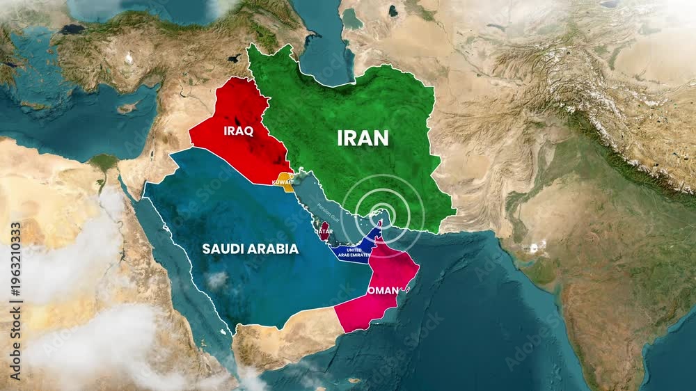 Animated map footage showing the Middle East tension near the Strait of ...