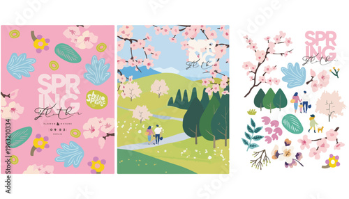 Spring season floral vector set, cherry blossom landscape posters with people walking, blooming garden nature backgrounds for seasonal promotion