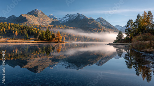 Autumn Mountains Reflection in Misty Lake