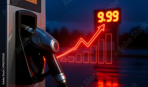 Concept of rising fuel prices and global energy crisis with fuel pump nozzle and ascending red financial graph