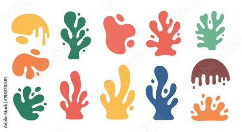 Collection of colorful abstract splatter shapes on white background