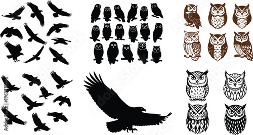 Owl and Eagle Silhouette Collection Vector Set Featuring Flying Birds of Prey and Detailed Owl Illustrations for Wildlife, Nature, and Tattoo Design Projects