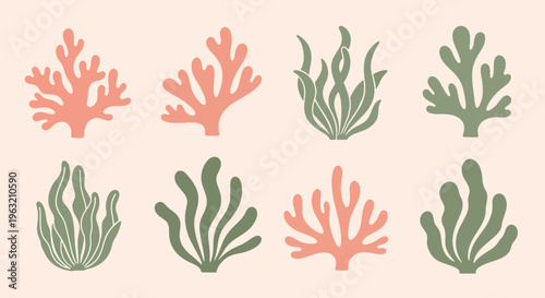 Coral reef elements in pink and green on beige background