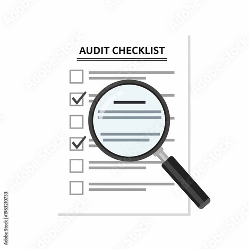 Audit checklist with magnifying glass for inspection and verification