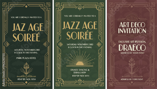 Art Deco invitation templates for Jazz Age Soiree, vintage Gatsby style party flyers with gold geometric borders, set of 3 elegant vector cards