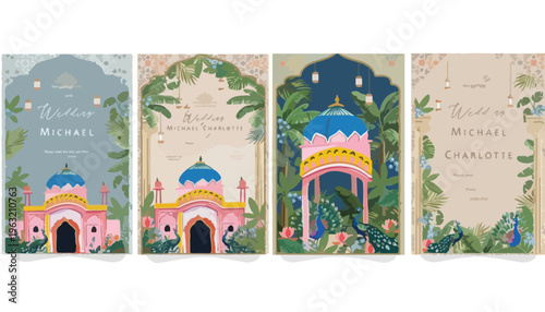 Indian wedding invitation templates with Mughal architecture, set of 4 vector cards with palace illustrations, tropical botanical garden and peacock motifs