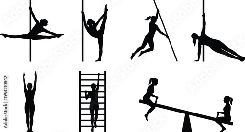 Gymnastics silhouette set with athletes performing pole dance, stretching, climbing ladder, balance beam, fitness training poses vector illustration collection