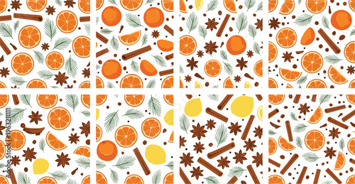 Seamless Orange Pattern Collection Vector Set Featuring Citrus Slices, Cinnamon Sticks, Star Anise, and Leaves for Food Packaging, Textile, and Background Design