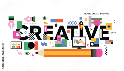 Creative typography banner with geometric abstract shapes, colorful graphic design tools and pencil illustration, artistic inspiration concept