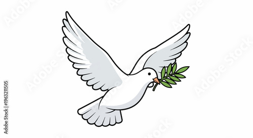 White dove flying with green olive branch in beak symbolizing peace